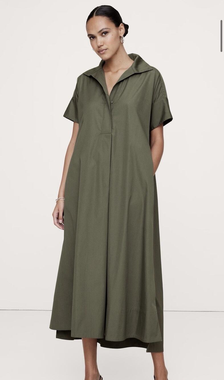 Banana Republic Cruz Poplin Maxi Dress Size M/L Olive Green RT$160 100% Cotton
